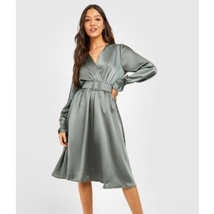 Satin Belted Midi Dress